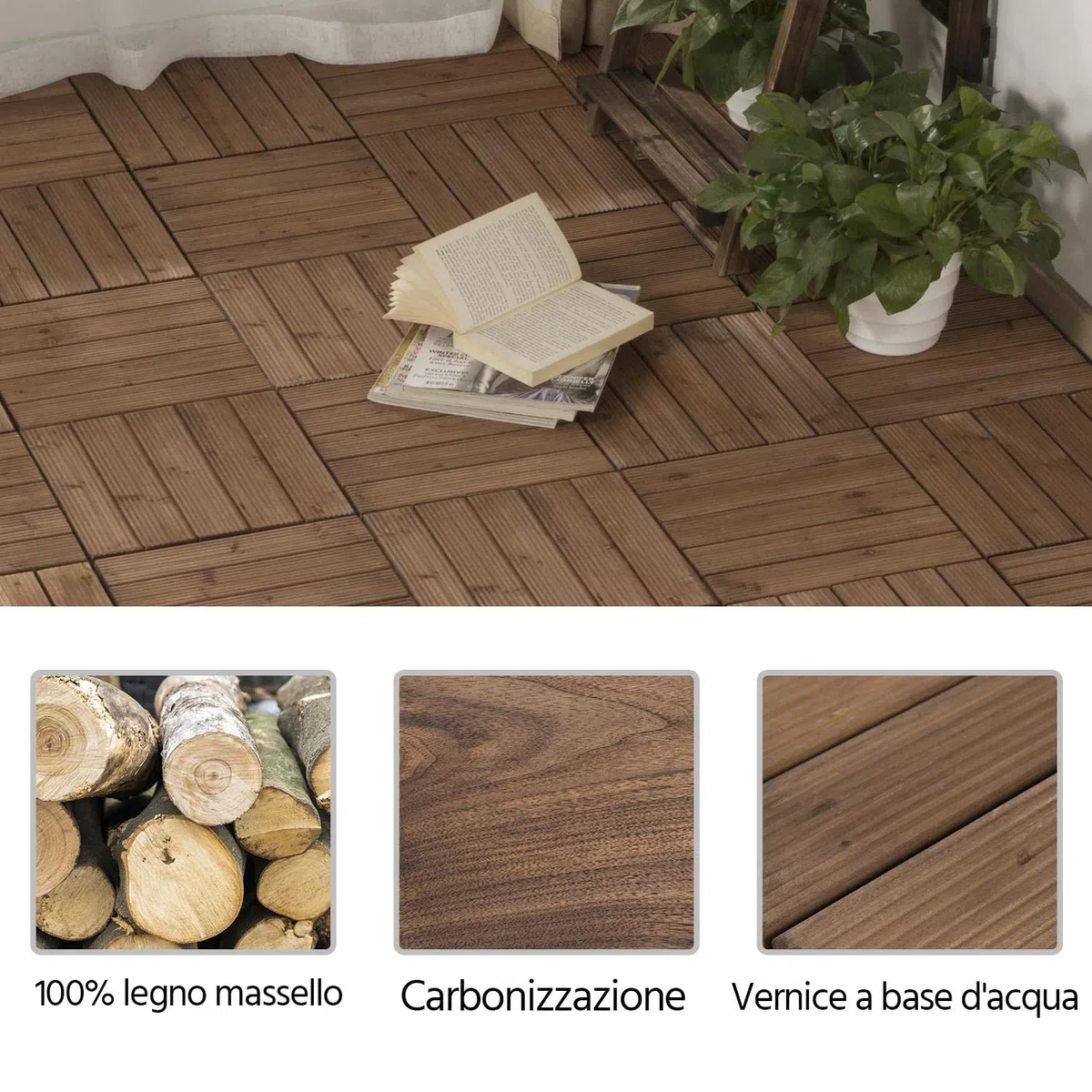 Yaheetech Piastrelle Esterno 30x30 cm Legno Pavimento Giardino ad Incastro 2,43 m² 27 Pezzi per Balcone Terrazza Patio Tagliabile Marrone scuro