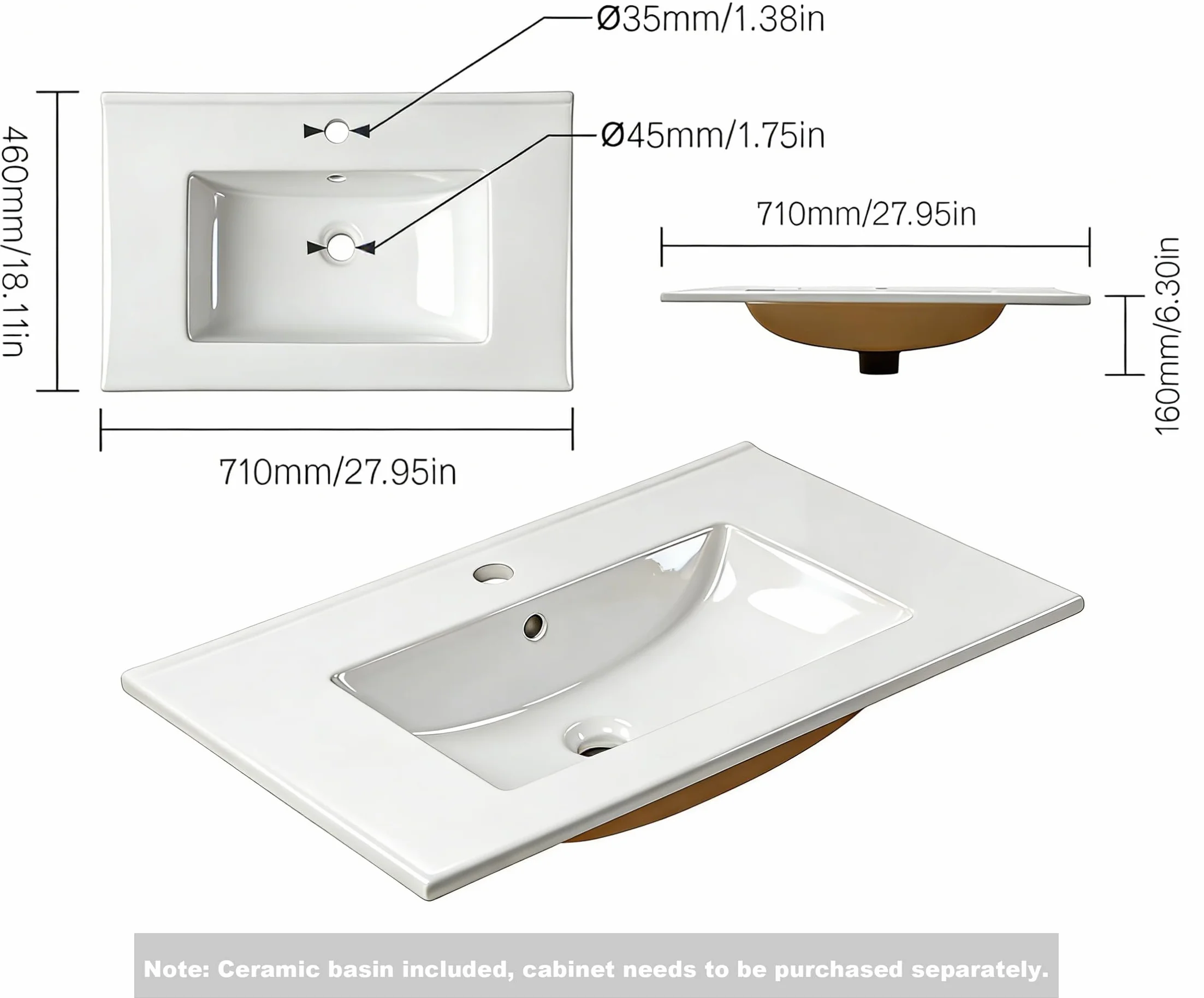 NUESTRA VIDA Lavabo ad Incasso 71 x 46 x 16 cm in Ceramica, Bianco Lucido Rettangolare, Lavabo Bagno da Appoggio con Foro Rubinetto e Troppopieno per Mobili Bagno