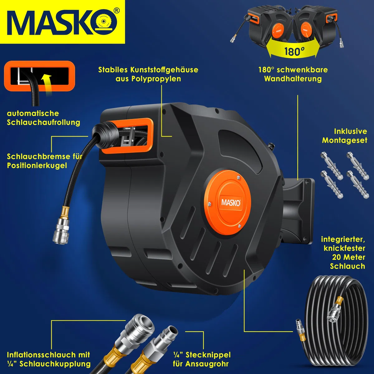MASKO® Avvolgitore per tubo ad aria compressa automatico Attacco 1/4 - Avvolgitubo Portatubo a muro Avvolgitore per tubo Avvolgitore per tubo ad aria compressa, blu, 10m