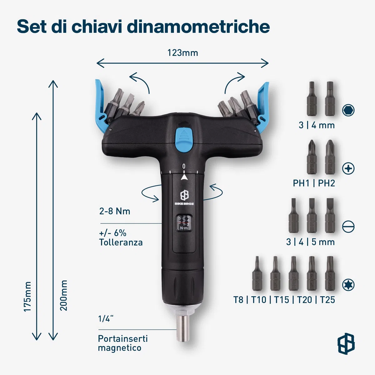 Tyson T by - Chiave dinamometrica da 1/4" per bicicletta, moto, ecc. 2-8 Nm | Cacciavite a coppia piccolo con set di punte a croce, fessura, Torx ed esagonale nel manico a T | 70003