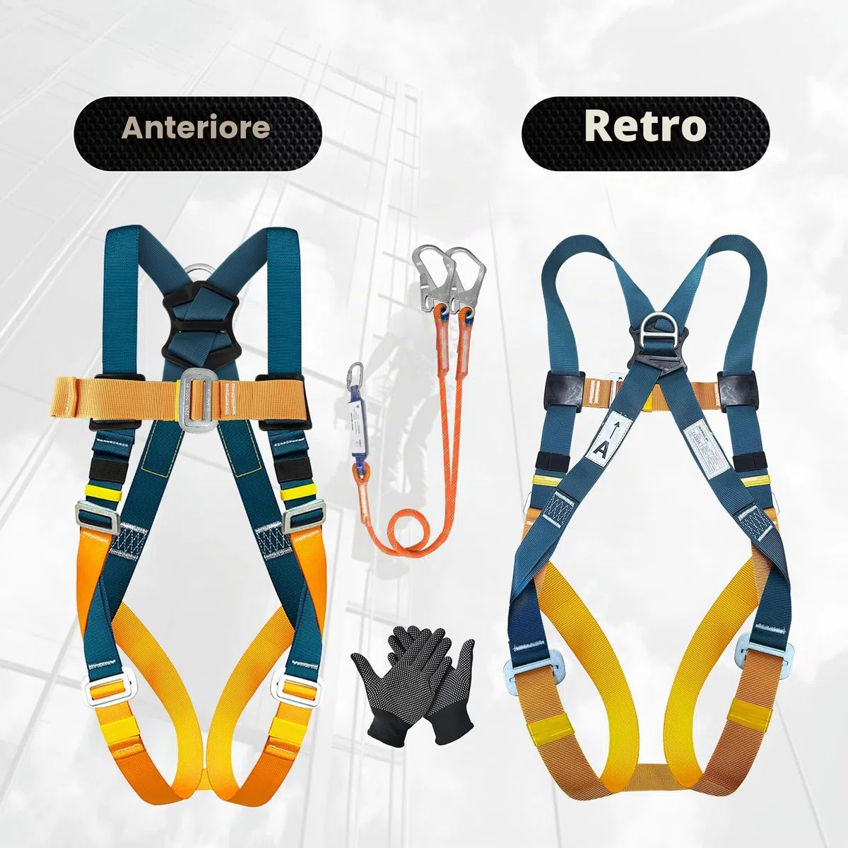 Imbracatura di sicurezza anticaduta integrale con assorbitore di energia, doppia fune 1,8 m, Portata massima 140 kg, EN 361/354/355, protezione anticaduta per tetti e arrampicata, linea vita tetto kit