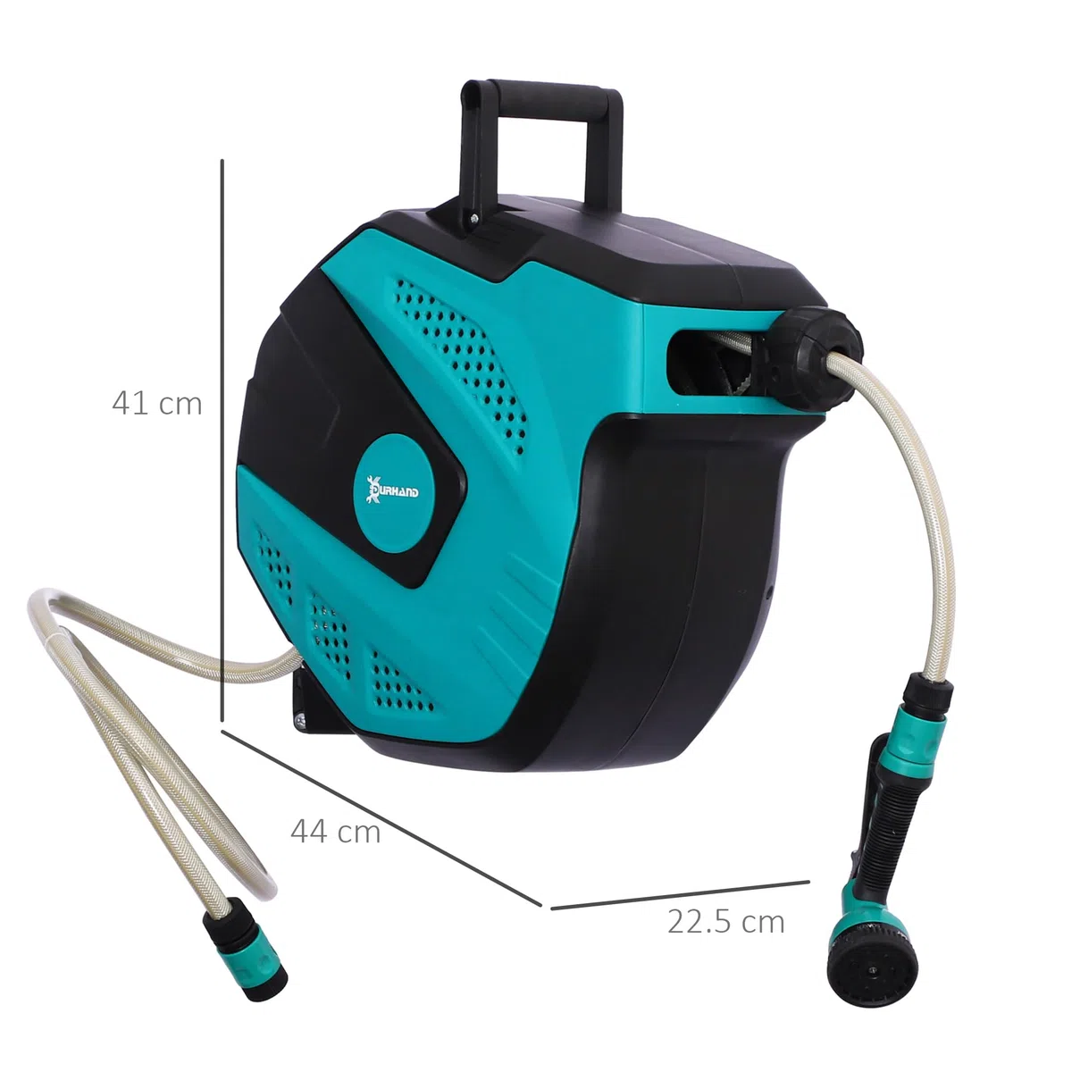 DURHAND Avvolgitubo da Giardino Retrattile con Tubo dell'Acqua 15m, Avvolgitubo da Parete Girevole a 180°, Avvolgitubo Automatico con 7 Modalità di Irrigazione e Kit di Montaggio, Nero e Verde
