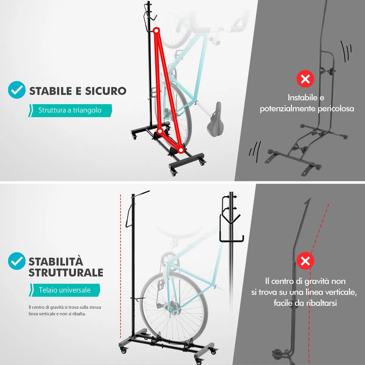 Mimoke Portabici con ruote, per mountain bike e bici da corsa fino a 29 pollici, regolabile in altezza, salvaspazio, ideale per appartamenti