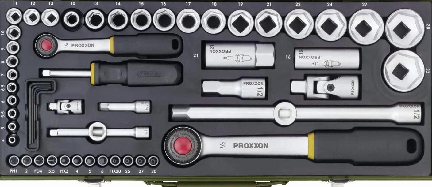 PROXXON 23040 Set Completo Chiavi a Tubo, 1/4" e 1/2", 56 Pezzi, 0 V, Nero, Set di 56