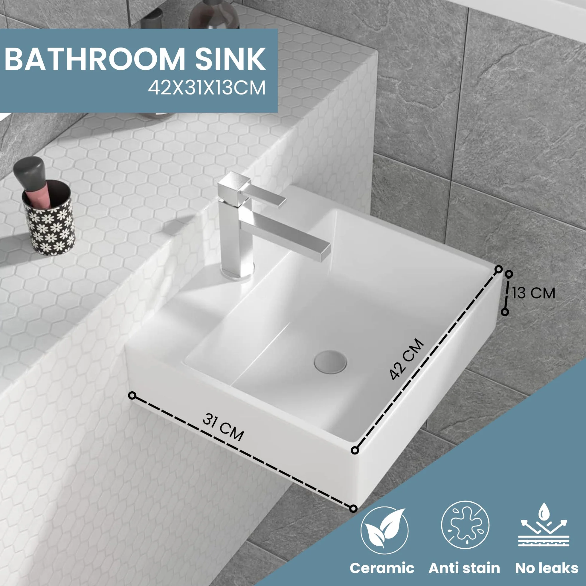 MAGIC SELECT Lavabo in Ceramica, Lavabo da Appoggio Bianco, Lavabo Sospeso Bagno Antimacchia, Facile da Pulire con Attacchi Standard. Ideale per Cucina o Bagno. (42x31x13 CM)