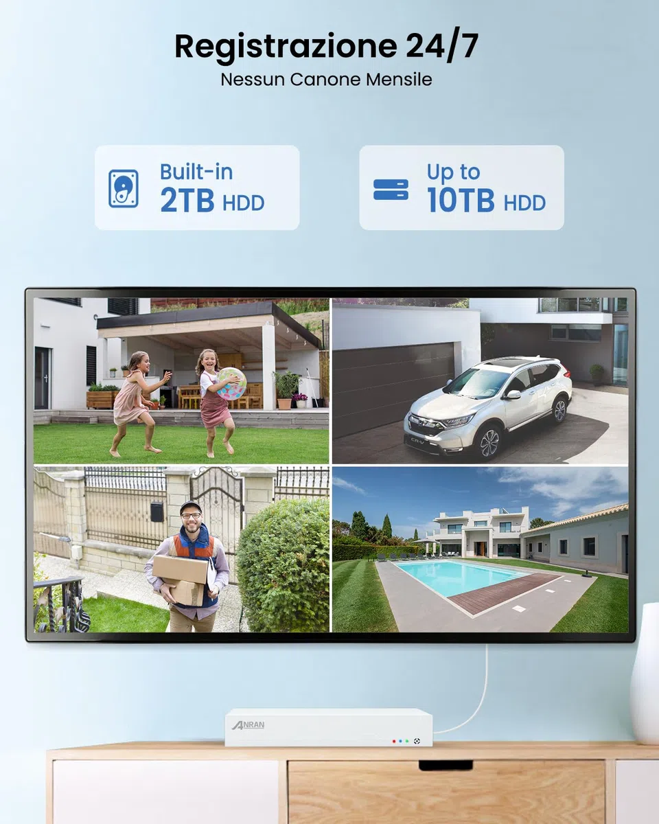 ANRAN 4K PoE Kit Videosorveglianza Esterno, NVR 8CH 2TB + 4x 8MP 360° PTZ Telecamere con Tracciamento Automatico, Rilevamento AI, Registrazione 24/7, Espandibile 10TB, Accesso Remoto, Sirena, IP67