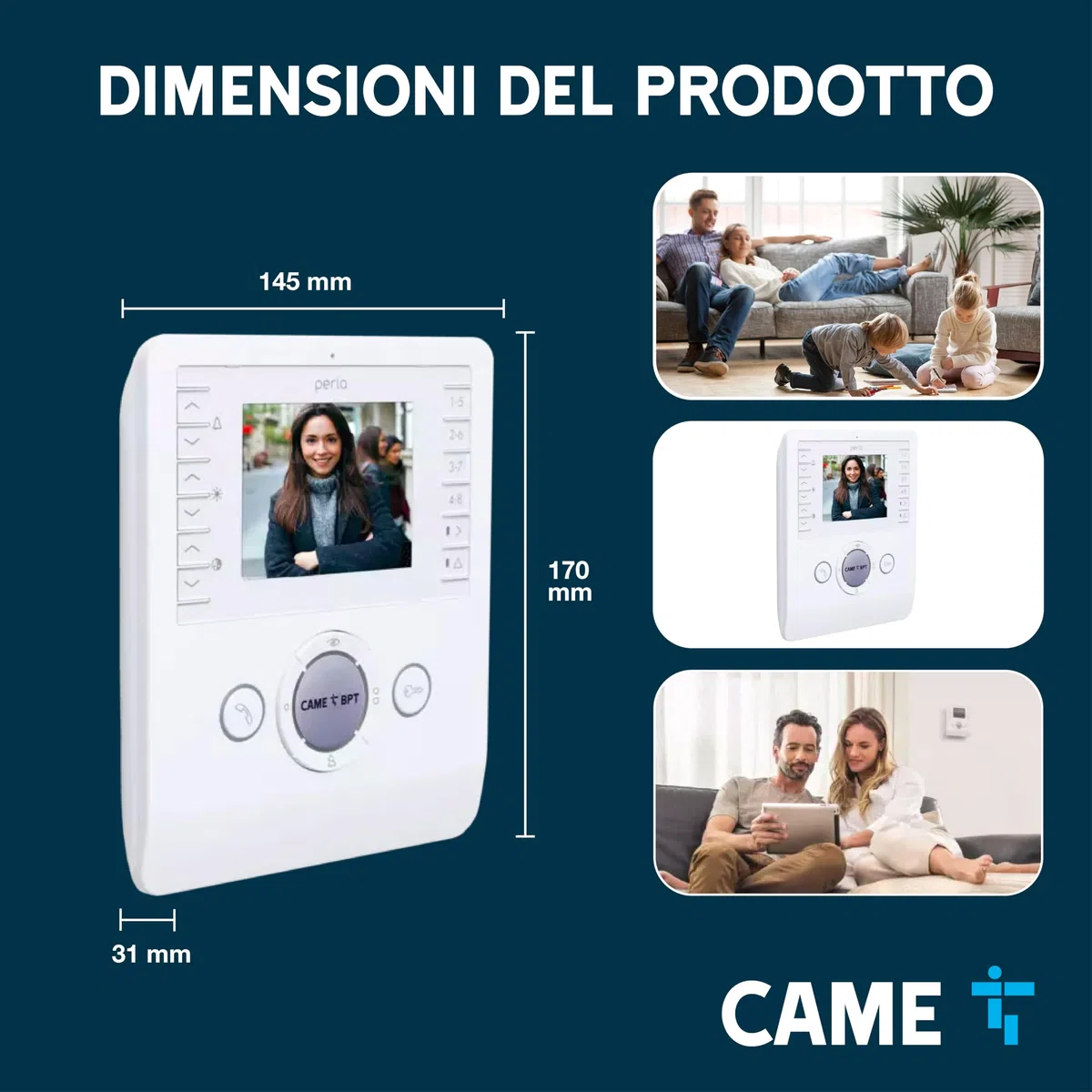 CAME Videocitofono vivavoce PERLA bianco con display LCD 3.5", ottima qualità video, due tasti AUX programmabili, compatibile con sistemi X1 e XIP, per una gestione sicura degli accessi residenziali