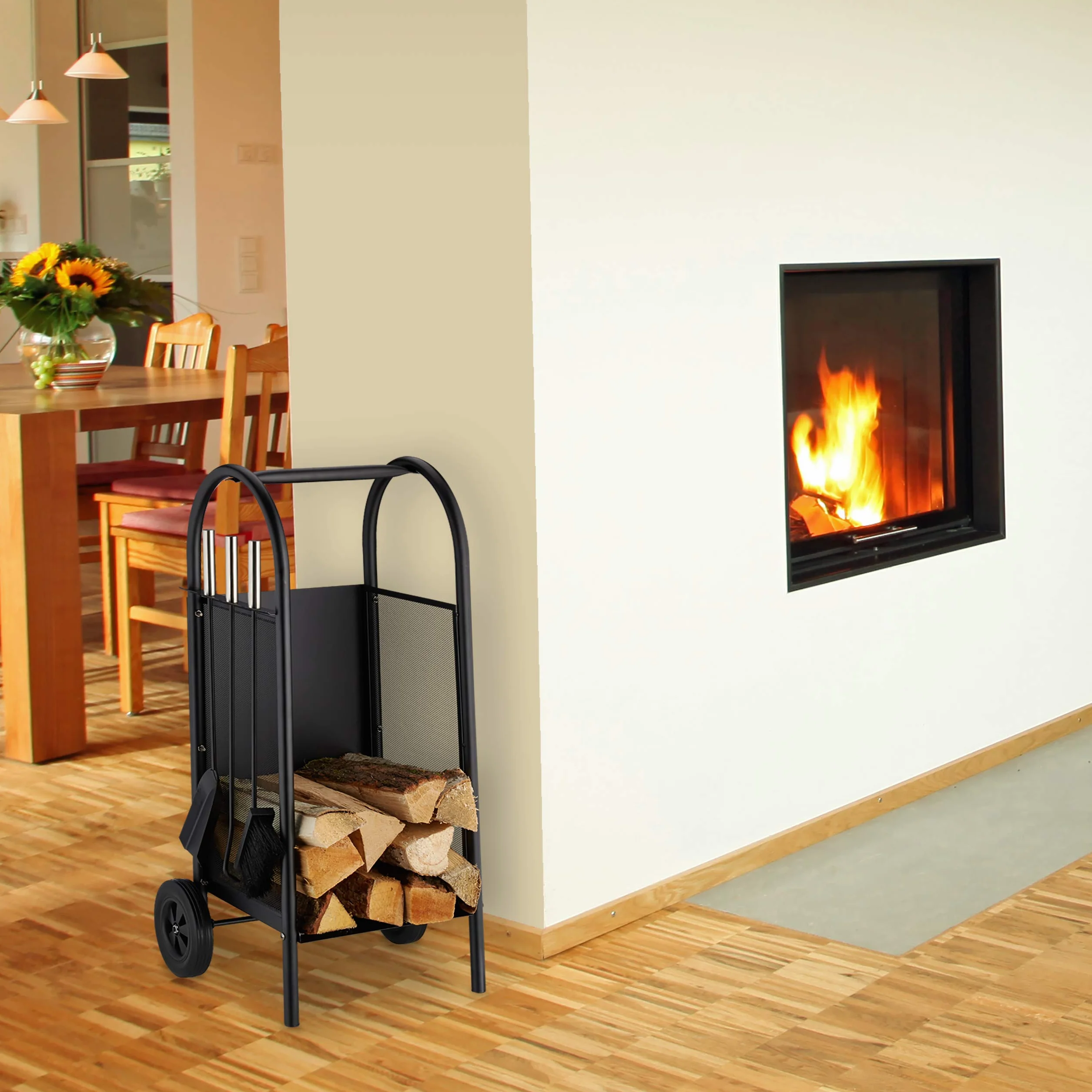 Relaxdays Carrello Portalegna con 3 Accessori, Mobiletto in Acciaio, da Camino, Paletta, Scopino & Attizzatoio, Nero