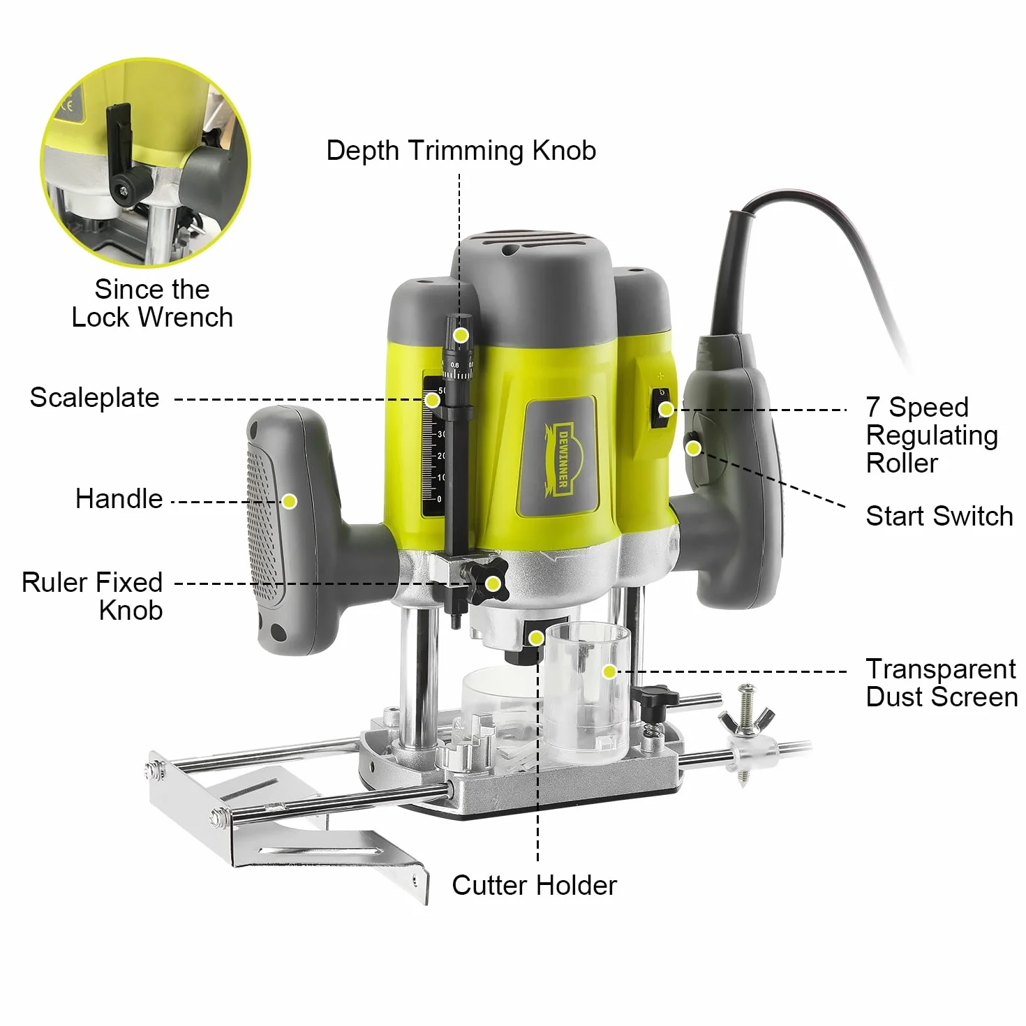 Fresatrice Verticale 1200 W per Legno con,16000-30000 RPM DEWINNER, Fresatrice per Legno Multifunzionale con Set di 12 frese,6 Velocità, Regolazione Della Profondità Della Fresa