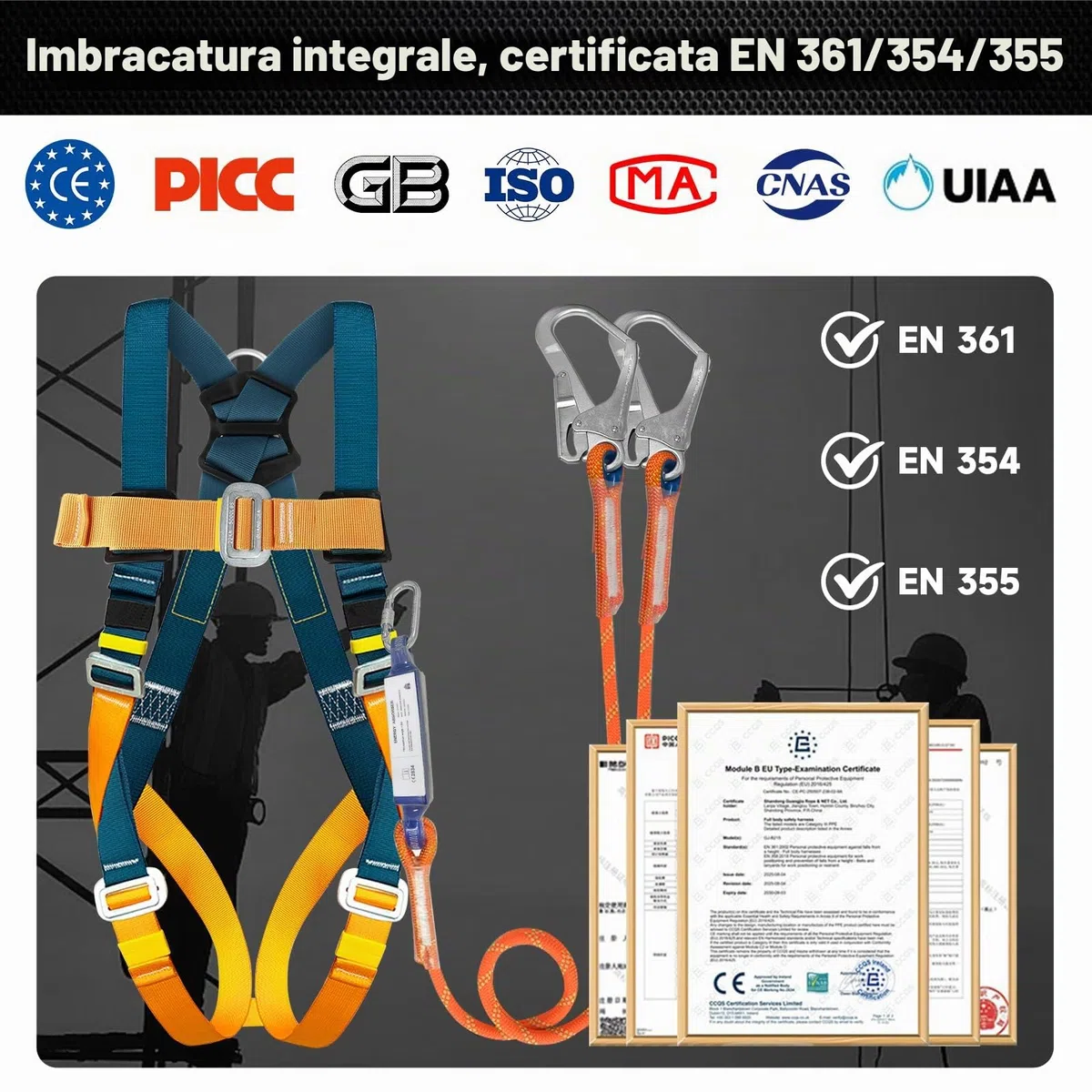 Imbracatura di sicurezza anticaduta integrale con assorbitore di energia, doppia fune 1,8 m, Portata massima 140 kg, EN 361/354/355, protezione anticaduta per tetti e arrampicata, linea vita tetto kit