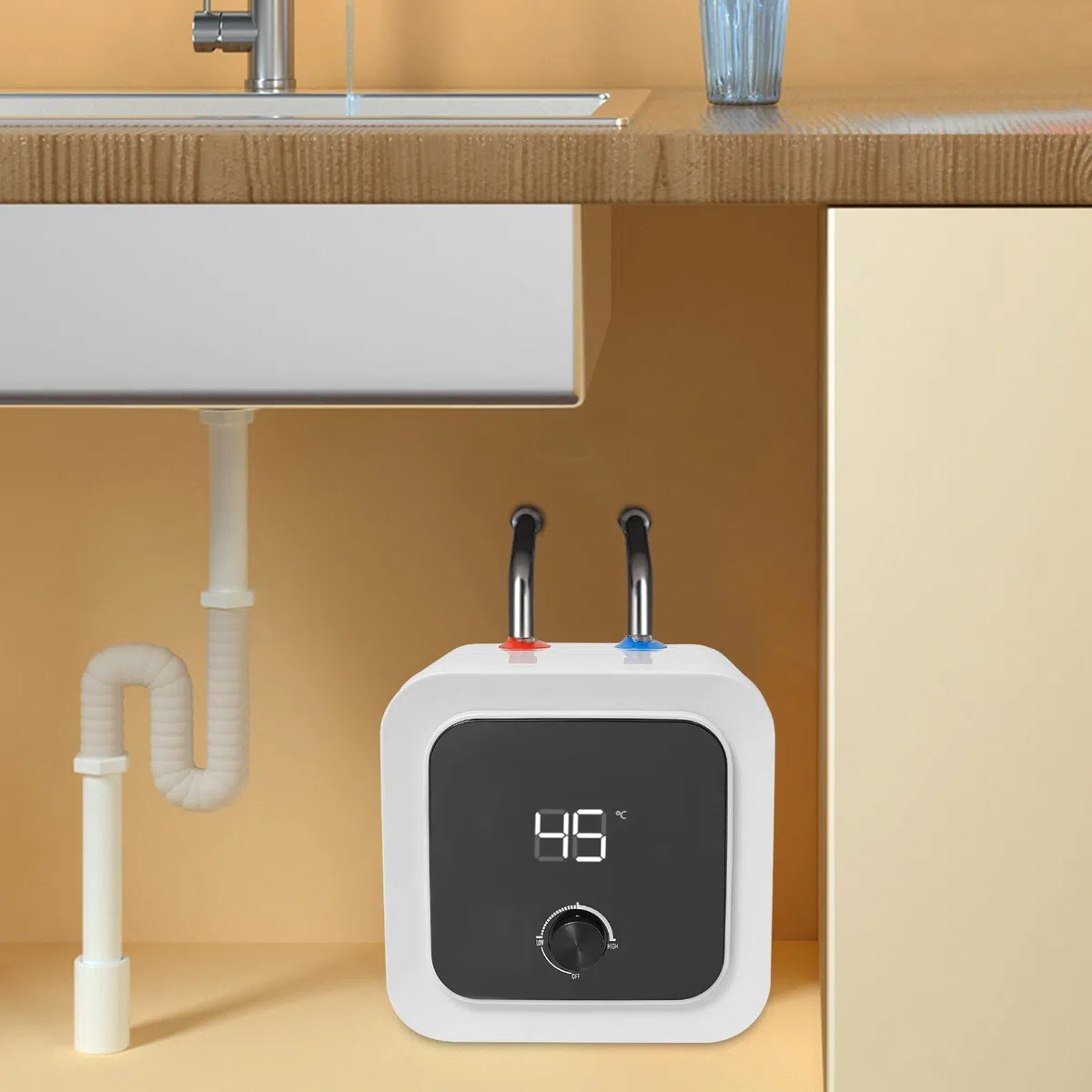 Scaldabagno elettrico istantaneo 8L sottopiano, serbatoio acqua calda 1500W con regolatore di temperatura tubi riscaldanti in acciaio inox 316, scaldabagno per cucina e bagno, protezione IPX4, bianco