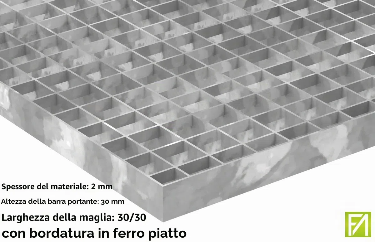 Fenau | Griglie industriali Dimensioni: 1000 x 500 x 30 mm (MW: 30/30 mm) - Spessore materiale: 2 mm - Carico ruota: 1,52 kN/Carico superficiale (m²): 7,84 kN