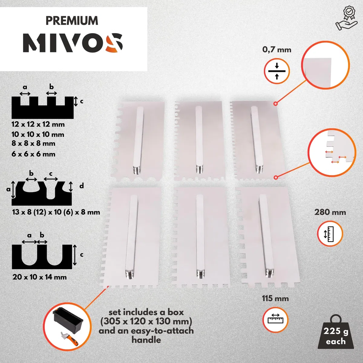 MIVOS Set di Frattazzi con manico staccabile e scatola per il trasporto - 6, 8, 10, 12 mm, Tipo U, tipo Tiger - 6 Frattazzi dentati - Frattazzi in acciaio inox con impugnatura morbida - Cazzuola