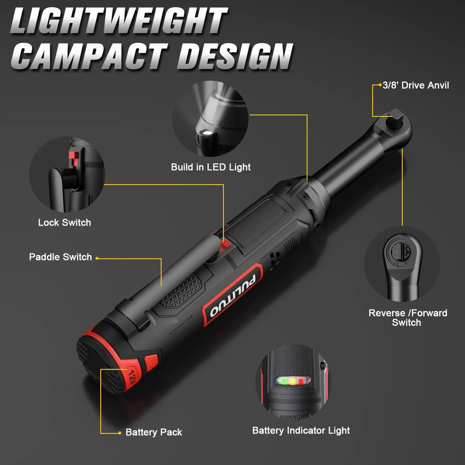 PULITUO 12V 3/8" Chiave a cricchetto elettrica a collo lungo, Chiave a Cricchetto a Batteria estesa Set da 40Ft-lbs con batterie 2x2.0Ah e carica rapida, velocità variabile da 300 RPM con 10 bussole