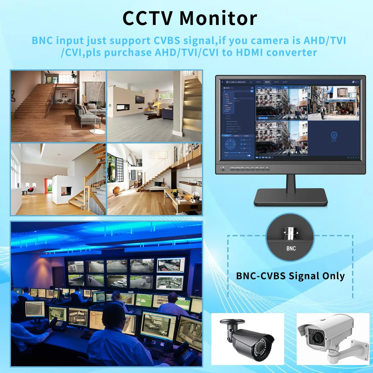 Jexiop - Monitor di sicurezza da 17 pollici, supporto USB a parete, riproduzione video full format, monitor CCTV con ingresso AV/HDMI, uscita VGA/cuffie, altoparlante