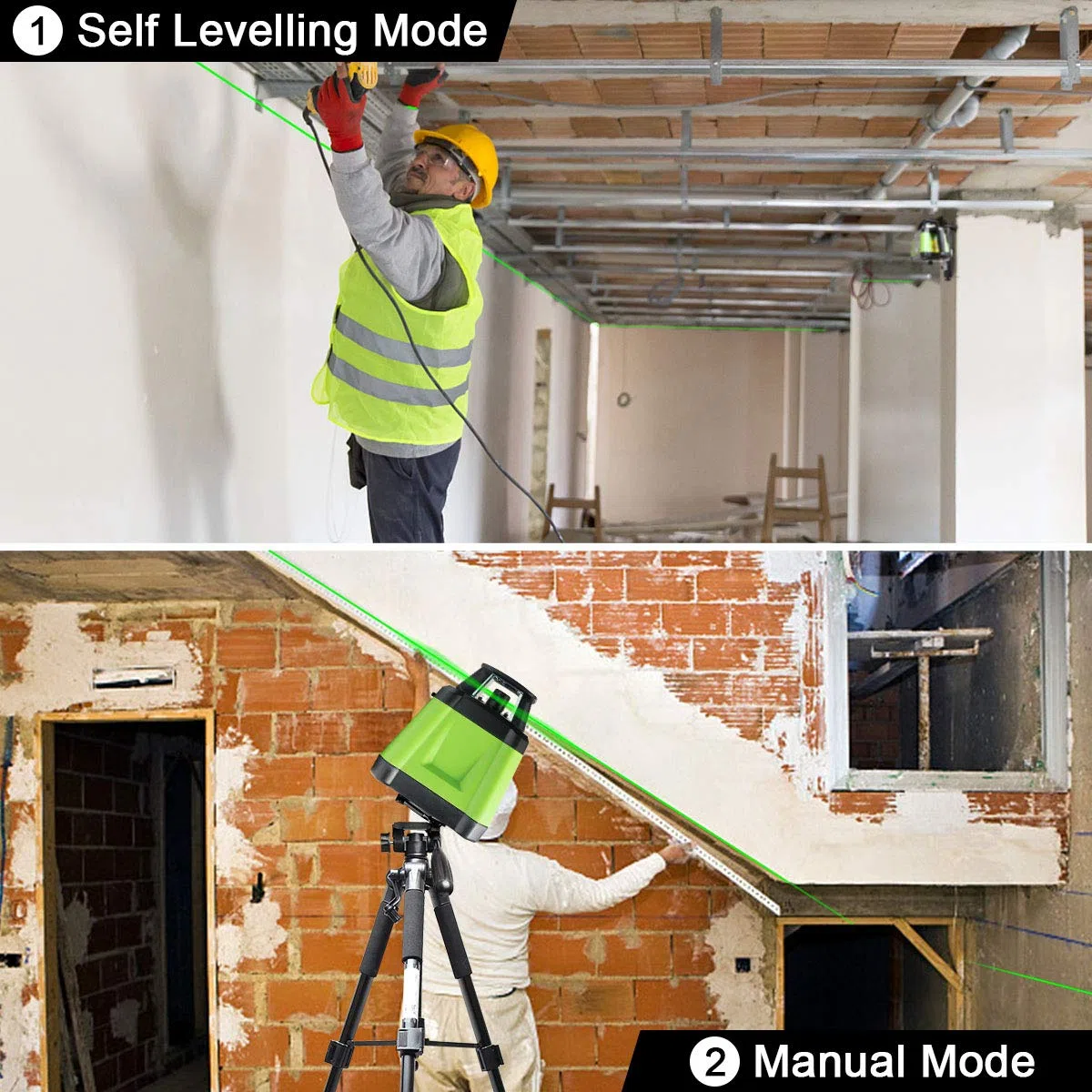 Huepar Livello Laser Verde Autolivellante 360 Rotante, Telecomando Regolabile per Interno/Esterno, Diametro di lavoro di 500m con Ricevitore, con Batteria Ricaricabile & Caricabatterie, RL200HVG