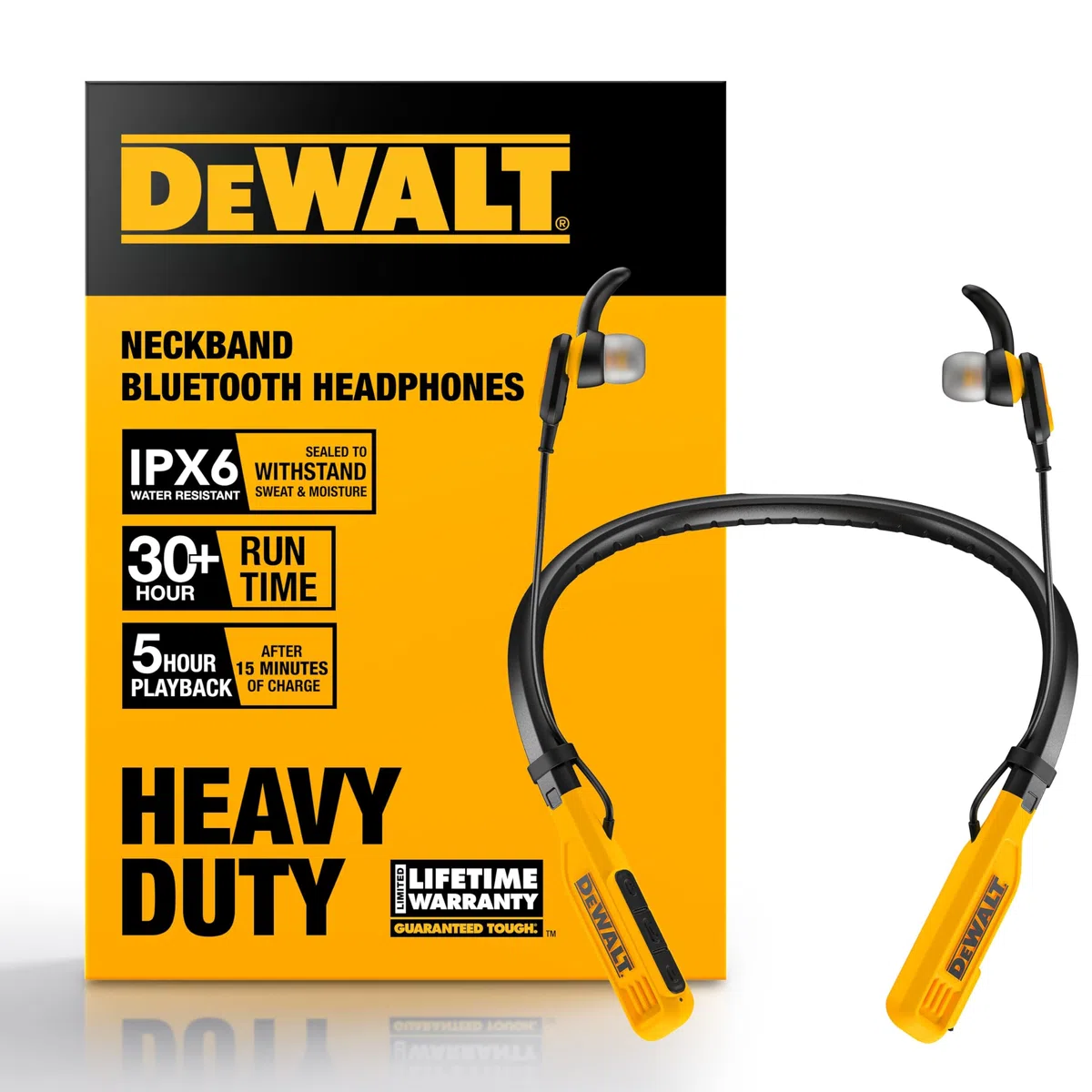 DEWALT Cuffie Bluetooth Heavy Duty con Nackenband, Auricolari Wireless da Collo con 30 Ore di Riproduzione, Isolamento Rumore, Magnetiche, Microfono Integrato, Ideali per Jobsite