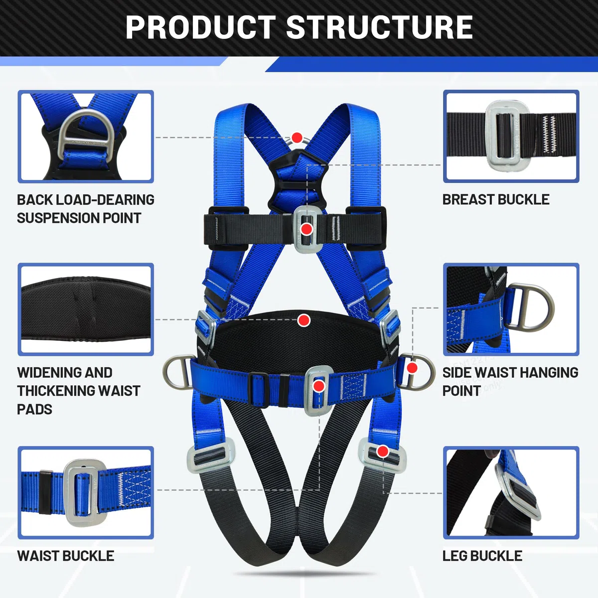DIJJIG Kit di Imbracatura di Sicurezza Anti-Caduta con Cordino da 1,8 m, Regolabile, Protezione Addominale Spessa, Utilizzato per Operazioni ad Alta quota, Edilizia, Potatura Alberi, Certificazione CE