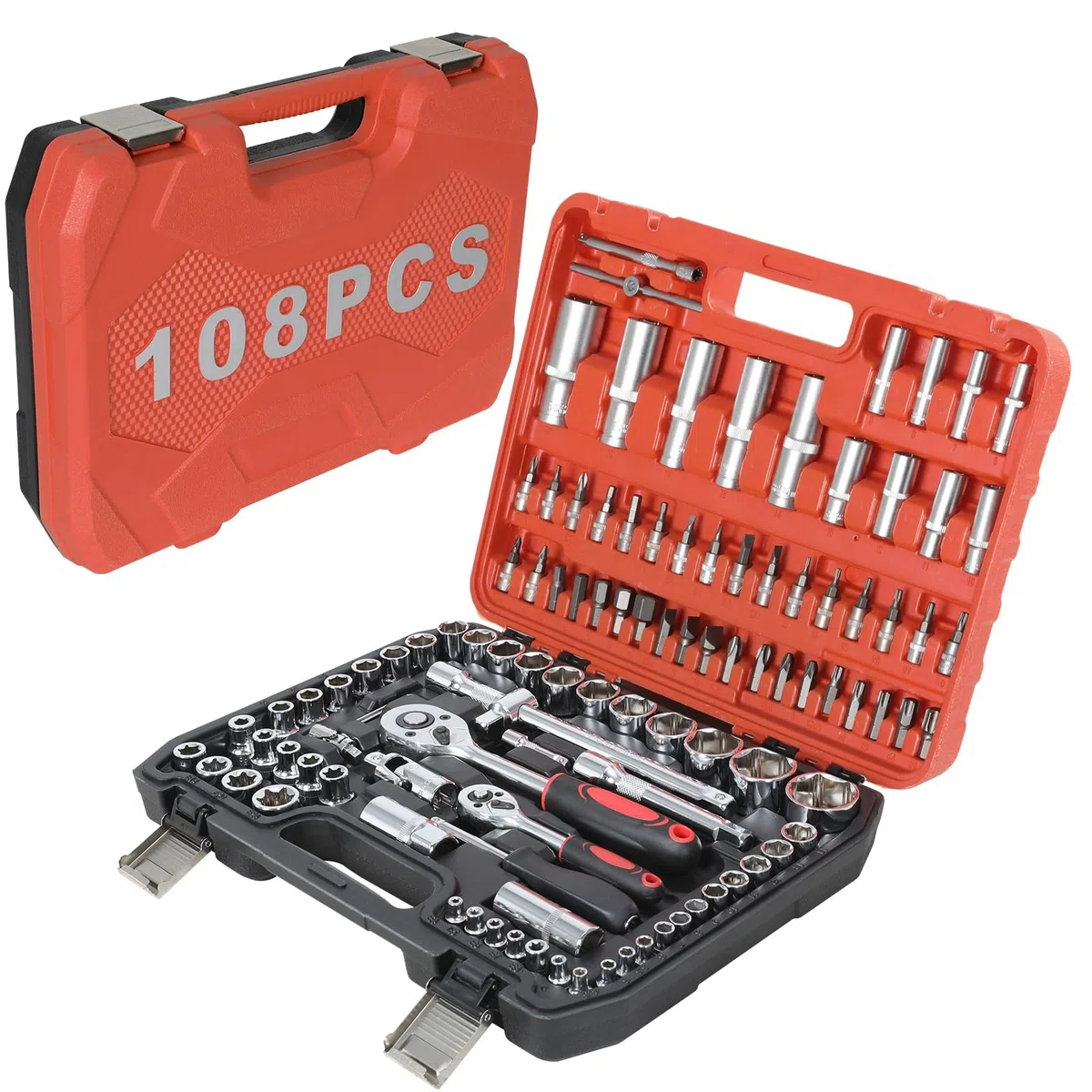 ISE 108 Pezzi Cassetta Attrezzi Completa, Set Attrezzi da Lavoro Include Cacciaviti, Accessori, Chiavi a Bussola e Chiavi a Cricchetto, Ideale per Fai da Te e Uso Domestico