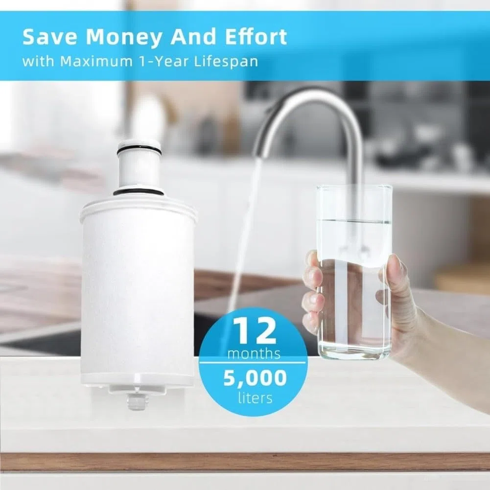 Cartuccia di ricambio per filtro dell'acqua compatibile con sistema eSpring 100186, blocco di carbone attivo riduce 0,2 particelle mantenendo i minerali, capacità 5000 l, bianco