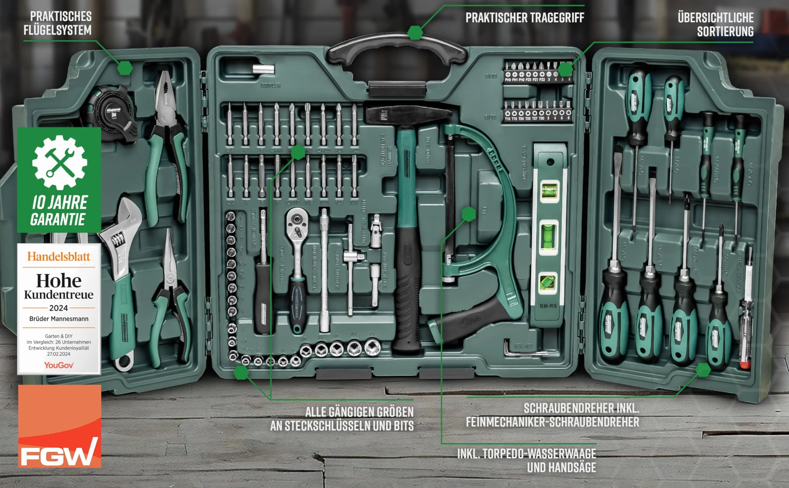 Mannesmann M29085 – Assortimento di attrezzi universali in valigetta richiudibile, 89 pezzi