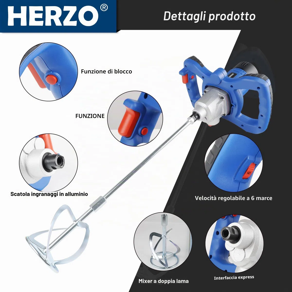 HERZO Miscelatore Malta e Cemento 1300W,6 Velocità, Agitatore Mescolatore Attacco M14 per Malta, Cemento e Colla