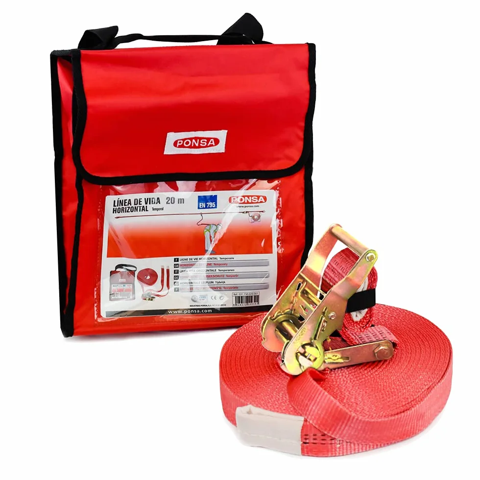 PONSA – LINEA VITA ORIZZONTALE PROVVISORIA – LINEA DE VITA TEMPORÁNEA PORTATILE con sistema di tensionamento. Include un SACCHETTO per conservare il nastro in eccesso. (20 M)