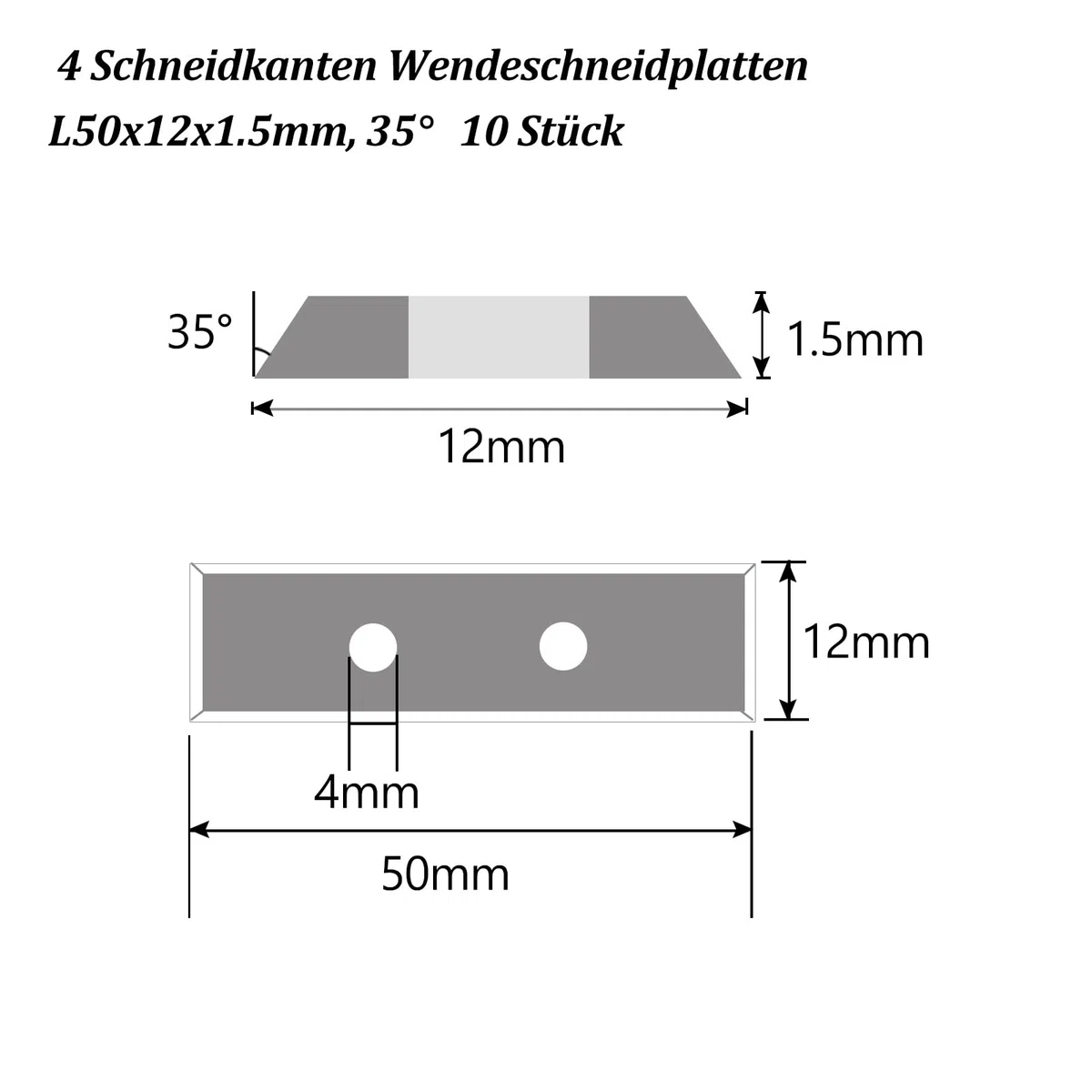 4 taglienti di taglio reversibile, lama intercambiabile, in metallo duro, spessore 1,5 mm, 10 lame di ricambio, 12 x 50 x 1,5 mm, per piastre reversibili, frese a filo (come ricambio)
