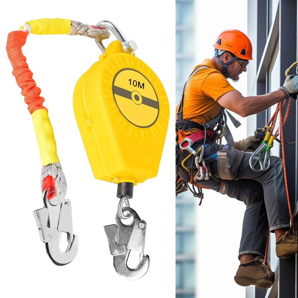Dispositivo di sicurezza per elevazione, protezione anticaduta, 10 m, 150 kg, protezione anticaduta, copertura con gancio autobloccante, cinghia di raccolta, retrattile per lavori in altezza