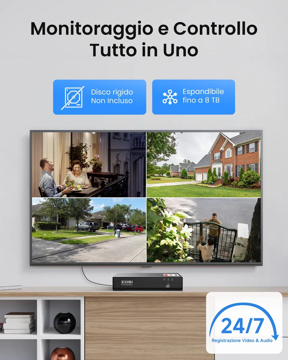 ZOSI 4K 8CH - Kit di videosorveglianza PoE per esterni, telecamera IP PoE 8MP con 8 CH 8 MP NVR, rilevamento di persona, allarme istantaneo, accesso remoto, visione notturna e registrazione 24/7