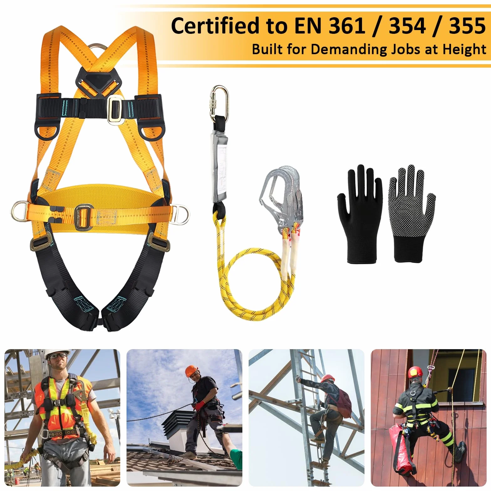 Imbracatura di sicurezza anticaduta con doppia fune e ganci, imbracatura corpo intero regolabile per uomo, edilizia, arrampicata, tetti, lavori esterni, carico max 100 kg, conforme EN 361/354/355