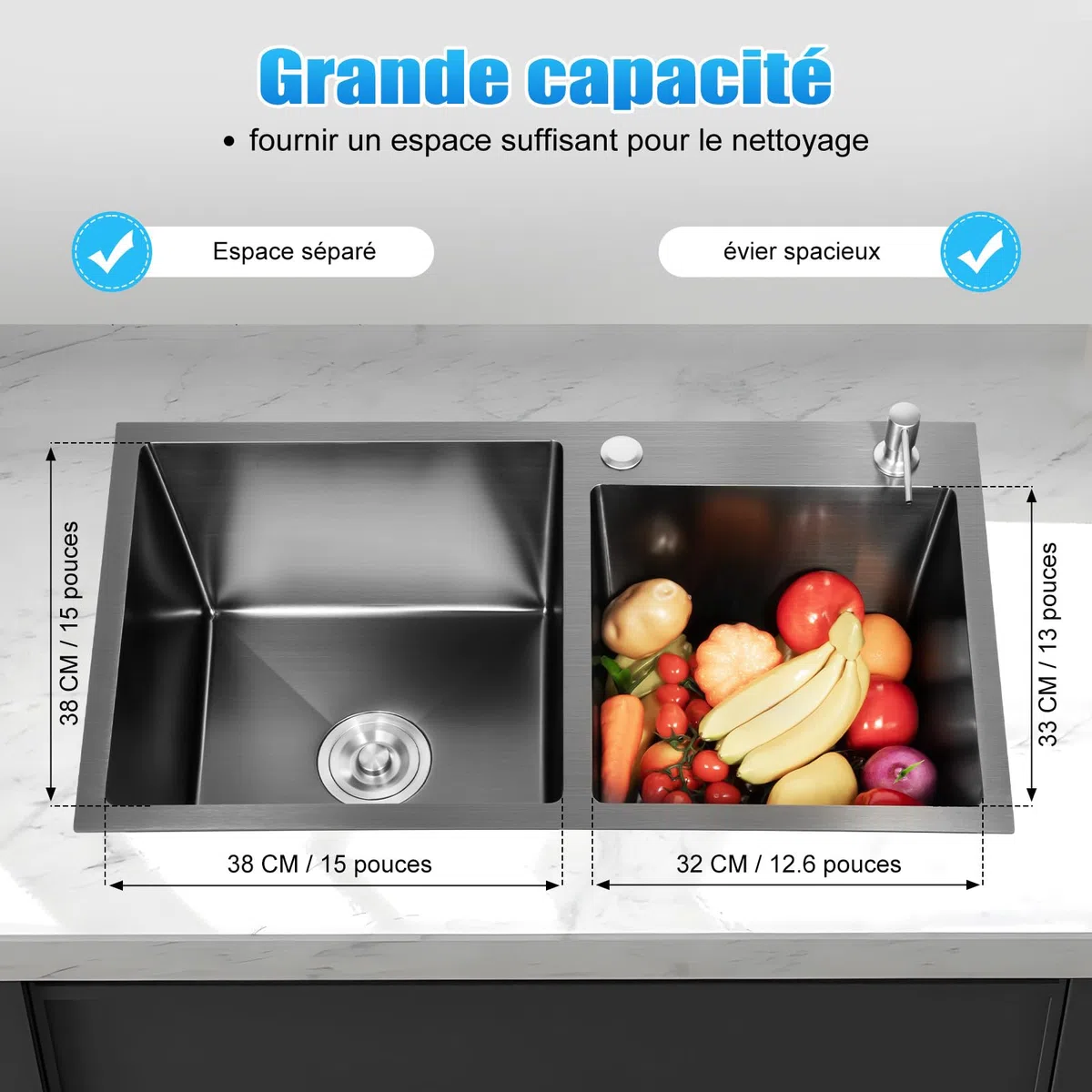 Lavello doppio in acciaio inox, 78 x 43 cm, lavello commerciale, lavello da cucina, in acciaio inox, doppio lavandino, rettangolare, con superficie di sgocciolamento, adatto per cucina