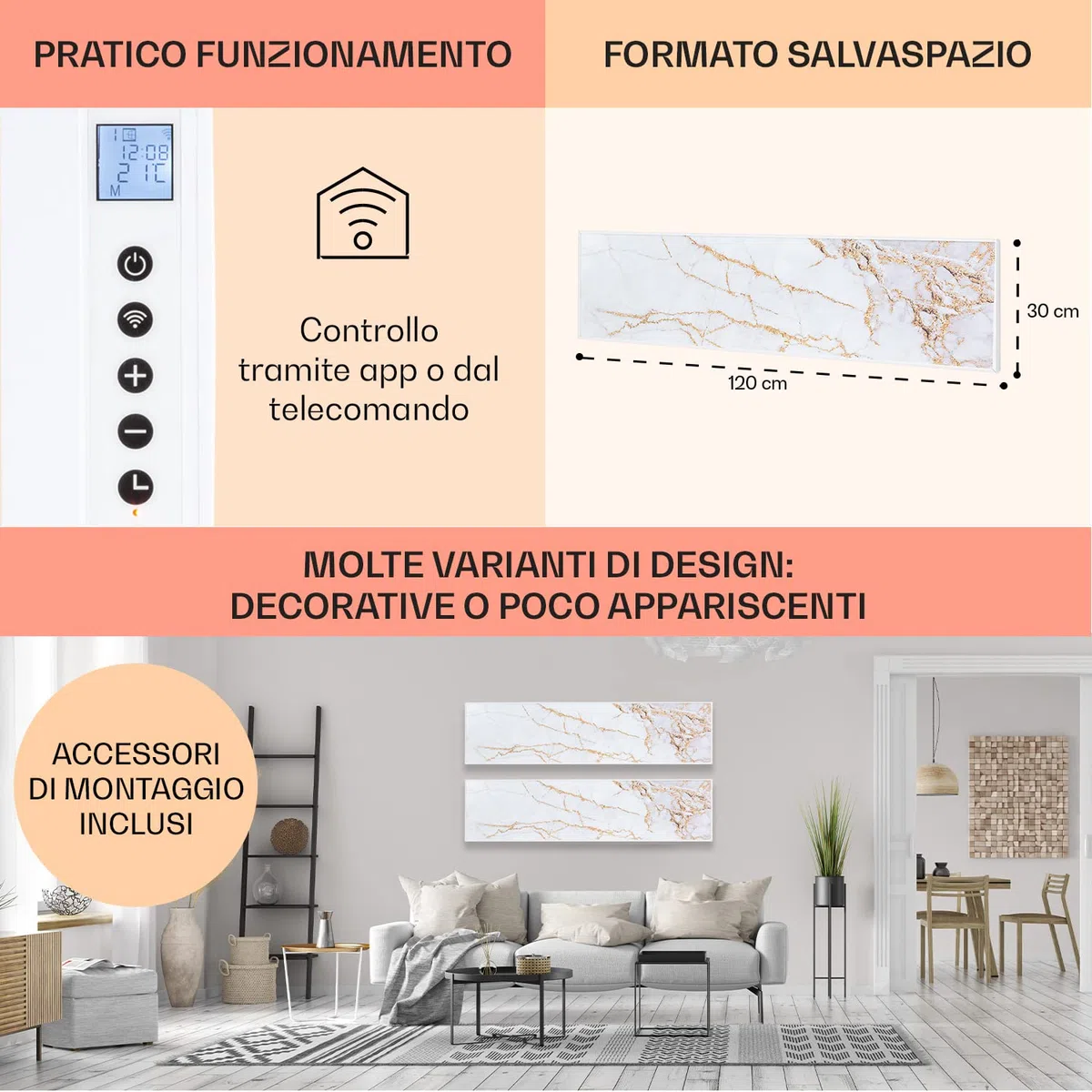 KLARSTEIN Wonderwall Air Art Smart - Pannello Radiante Infrarossi, Radiatore di Calore, 350 W, 7 m², App Control, Silenzioso, a Parete, 120 x 30 cm, Design: Marmo II