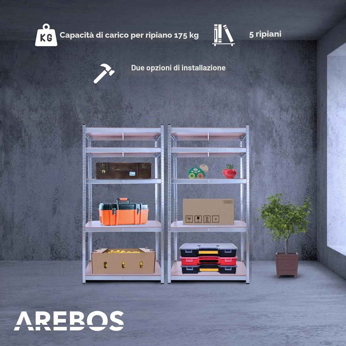AREBOS Set 2 Scaffali per Carichi Pesanti 180x90x30 cm | 5 Ripiani | Scaffalatura Senza Bulloni per Officina, Magazzino e Cantina | Argento