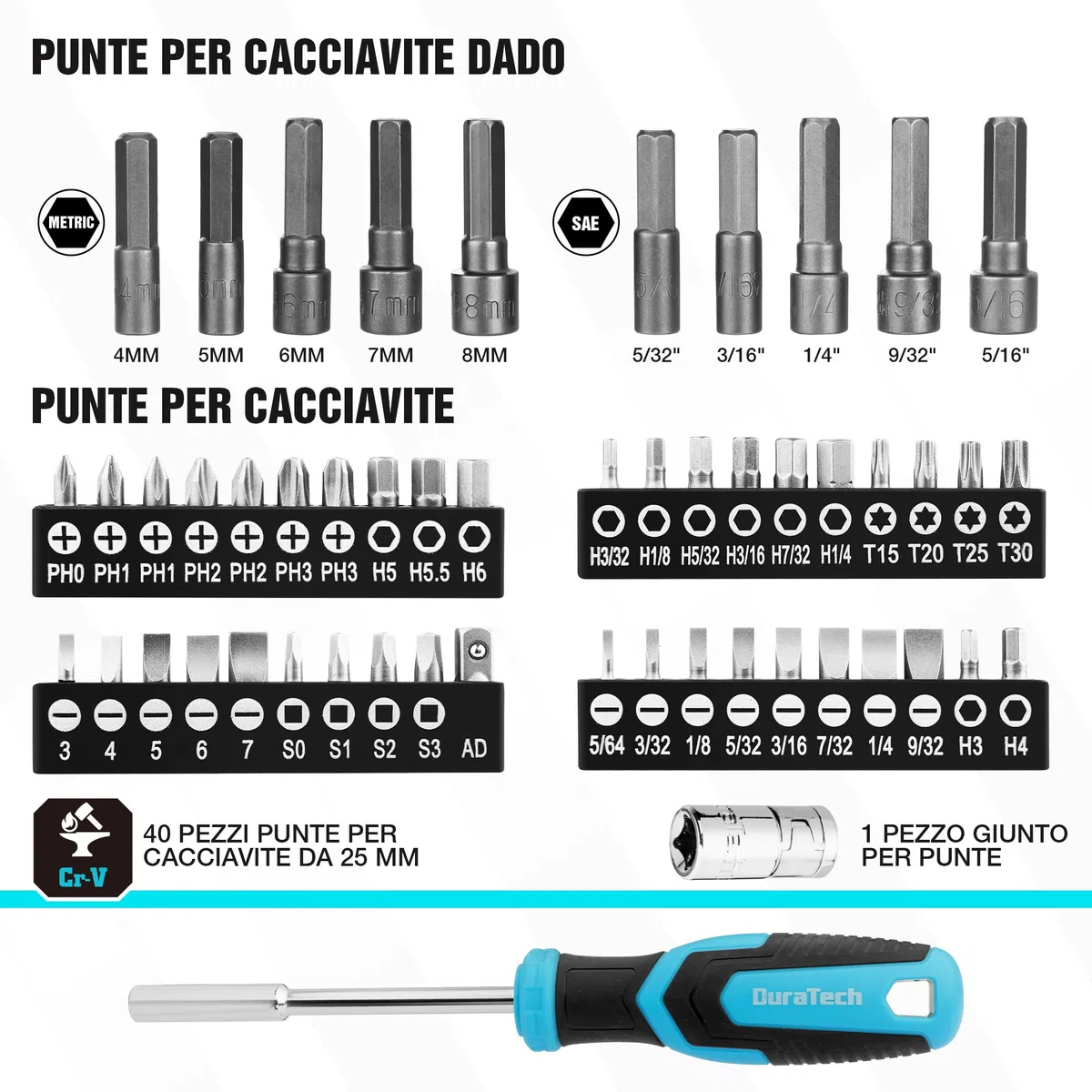 DURATECH Set di Attrezzi per Meccanica da 121 Pezzi, Set di Chiavi a Bussola, 1/4" e 3/8", Cricchetto a 72 Denti, Acciaio Cr-V, con Scatola, Include Cacciavite e Punte, Ideale per Lavori Meccanici