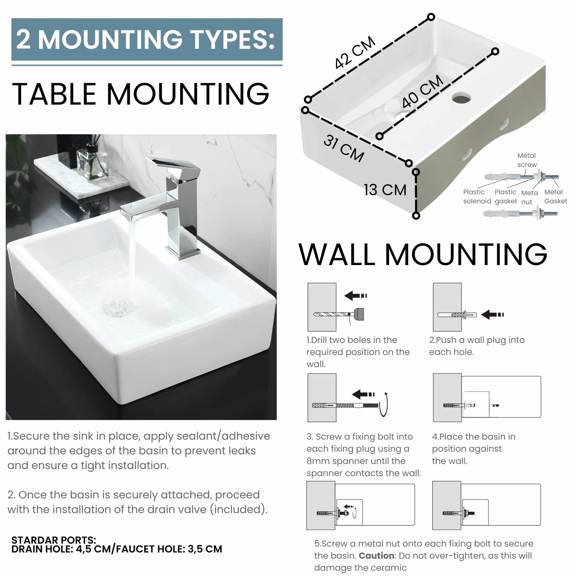 MAGIC SELECT Lavabo in Ceramica, Lavabo da Appoggio Bianco, Lavabo Sospeso Bagno Antimacchia, Facile da Pulire con Attacchi Standard. Ideale per Cucina o Bagno. (42x31x13 CM)
