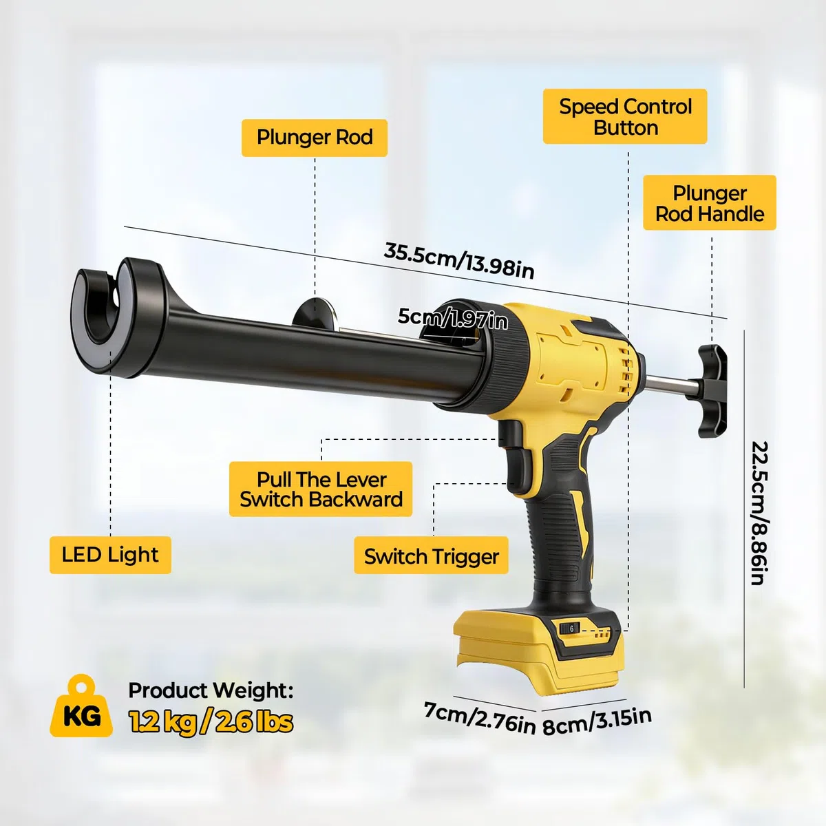 Pistola per sigillatura senza fili per Dewalt, applicatore elettrico per pistola sigillante siliconica per cartucce da 300 ml con 6 velocità regolabili, display digitale, luce LED e antigoccia per