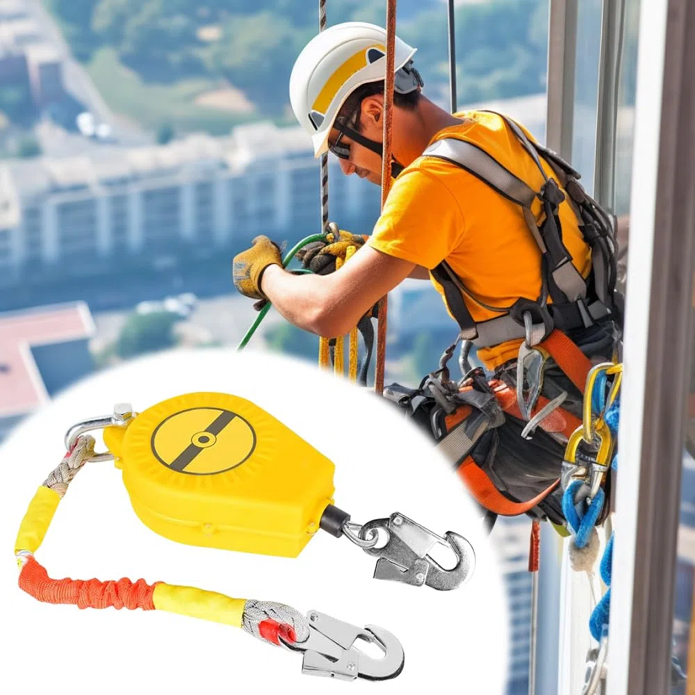 Dispositivo di sicurezza per elevazione, protezione anticaduta, 10 m, 150 kg, protezione anticaduta, copertura con gancio autobloccante, cinghia di raccolta, retrattile per lavori in altezza