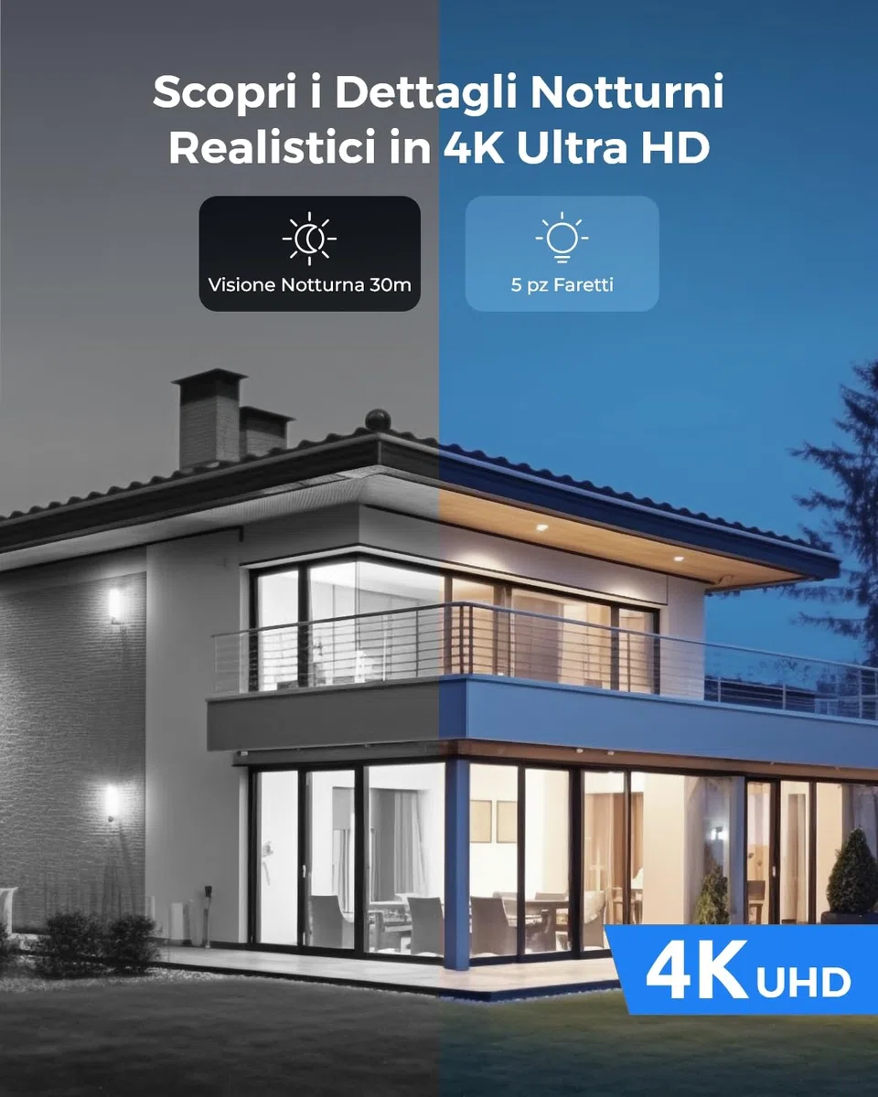 Reolink 4K Poe Kit Telecamere Videosorveglianza, Zoom Ottico 5X, NVR 8CH 2TB + 4X Telecamera Esterno con Faretti, Rilevamento di Uomo/Veicolo, Audio Bidirezionale, Impermeabile IP67, RLK8-811B4