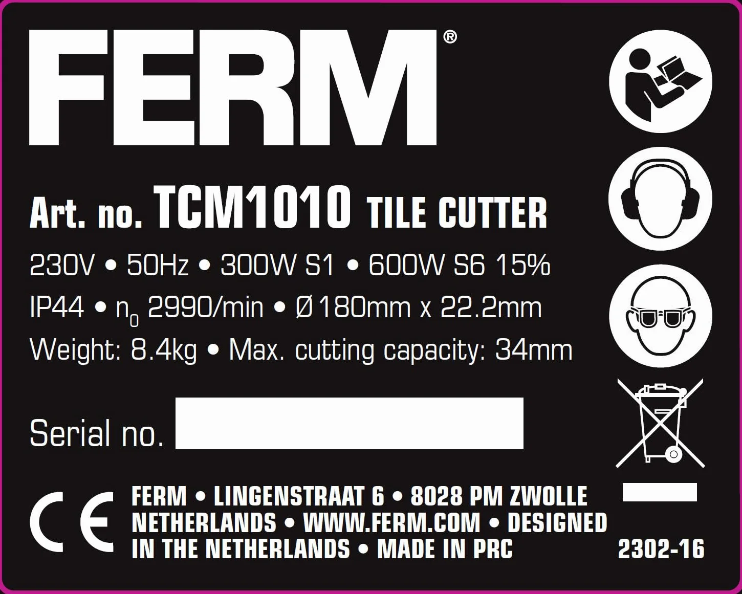 FERM Tagliapiastrelle 600W 180mm - Sistema di raffreddamento ad acqua - Include 1 lama diamantata