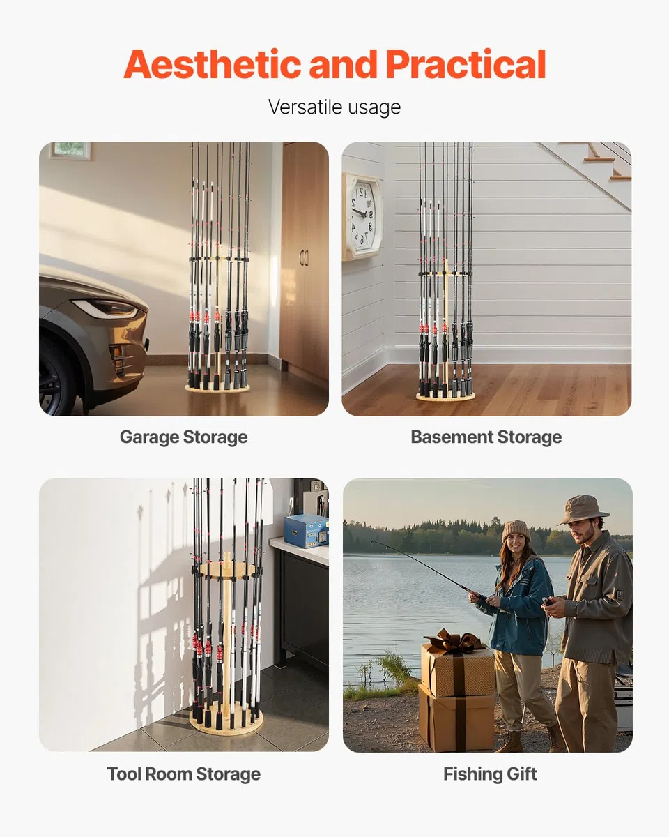 VEVOR Portacanne da Pesca per 16 Aste 330 x 770 mm Supporto in Legno Girevole a 360°, Rotondo, per Organizzare e Riporre Canne, Supporto da Pavimento Salvaspazio per Attrezzatura da Pesca