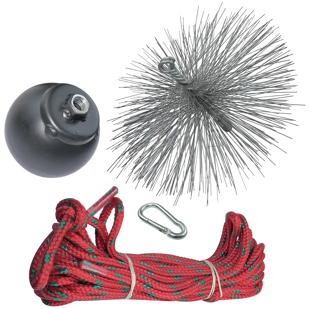 AERZETIX - Set di spazzacamino - attrezzi per pulizia canne fumarie - spazzola metallica Ø175mm - corda Ø5mm lunghezza 10m - sfera 1.8kg - moschettone - C49987