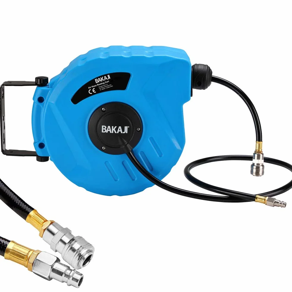Bakaji Avvolgitubo Aria Compressa con Tubo 10 mt Attacco 1/4" Fissaggio a Parete Muro Sistema blocco automatico, Salvaspazio Accessorio Compressore Aria compressa Pressione Max 12 Bar