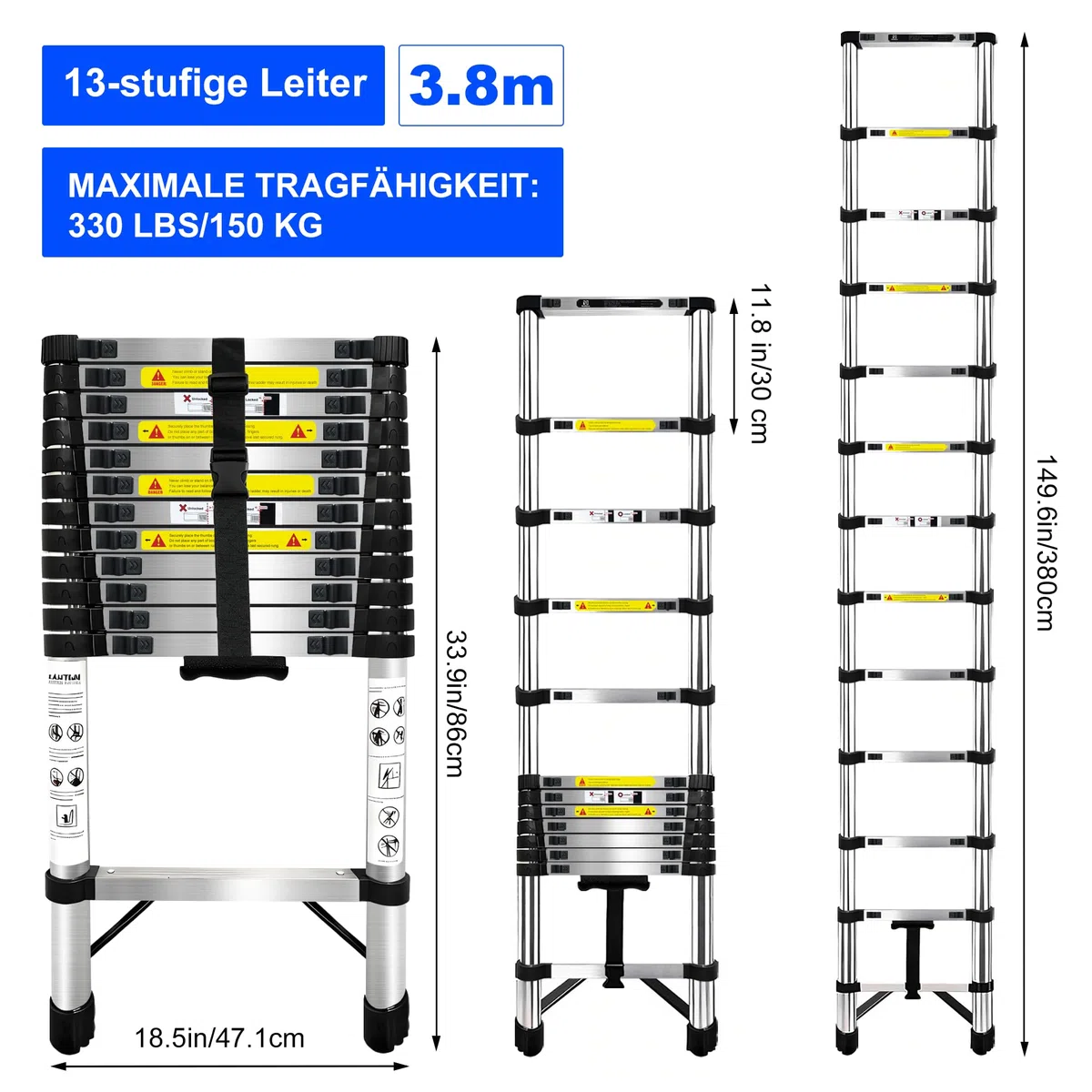 3.8m Scala telescopica in Acciaio Inossidabile,Scala Telescopica Pieghevole con Barra Stabilizzatrice Scala Retrattile Adatto per Campeggio Camper Migliorie domestiche Carico 150 KG