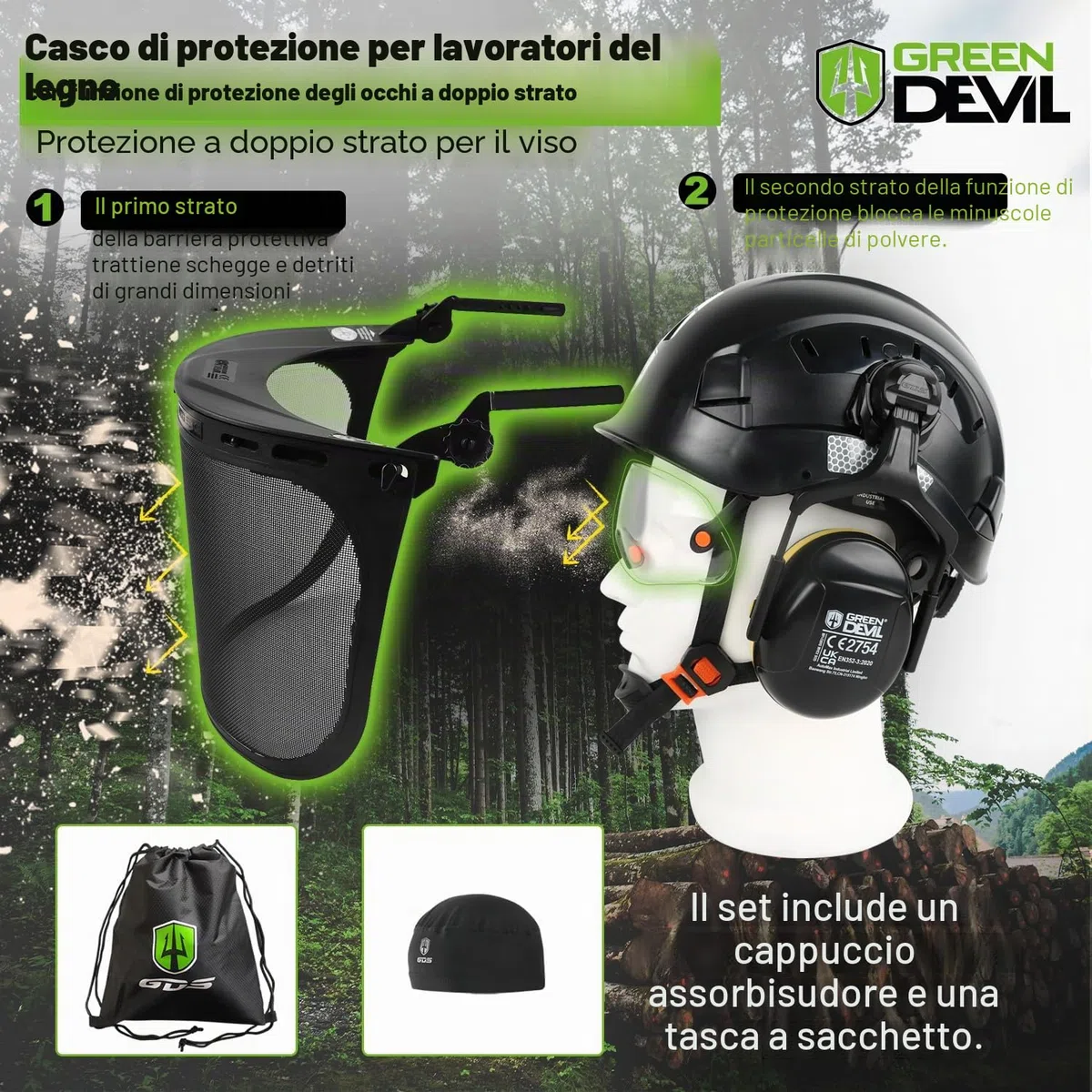 GREEN DEVIL Casco protettivo per motosega, certificato EN397, sistema 5 in 1, con protezione del viso, visiera integrata e paraorecchie – ventilato, per cascate e giardinaggio, unisex