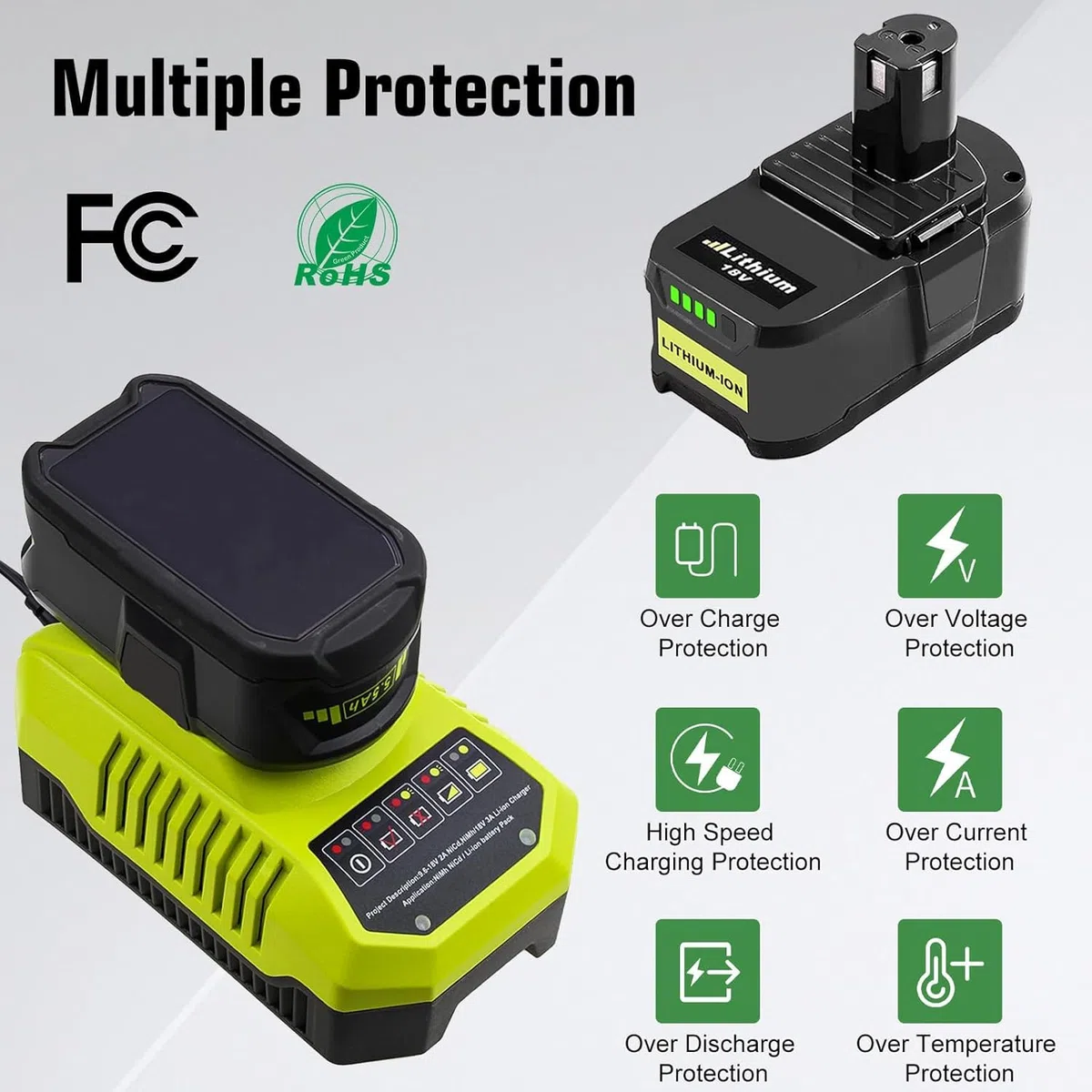 2 * Batteria per Ryobi 18V 5.5Ah Exemoro batteria di ricambio e BCL14181H 9.6V-18V caricabatterie di ricambio per Ryobi RB18L50 RB18L40 RB18L30 RB18L25 RB18L20 RB18L15 P108 P189 P190 P191 P192 etc