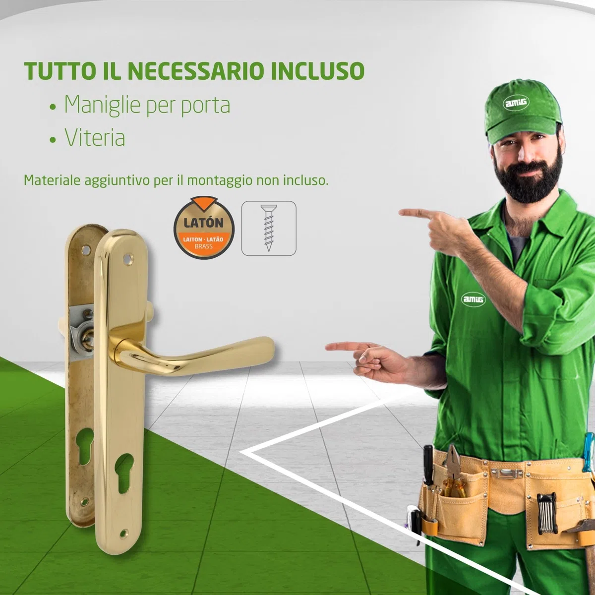 Amig - Set di Maniglie in Ottone - Modello 252 - Misura: 250 x 40 mm - Quadrato 8 mm - Finitura: Lucido