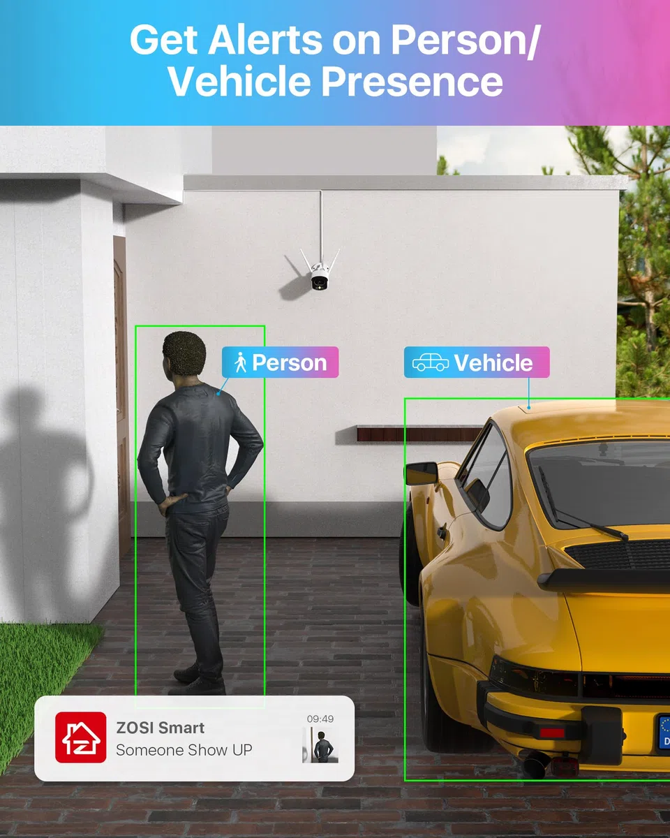 ZOSI 4MP Kit Videosorveglianza WiFi Esterno, 6X Telecamera Bullet, H.265+ 8CH 2TB NVR, Visione Notturna a Colori, Rilevazione di Persone, Audio Bidirezionale, Allarme Intelligente