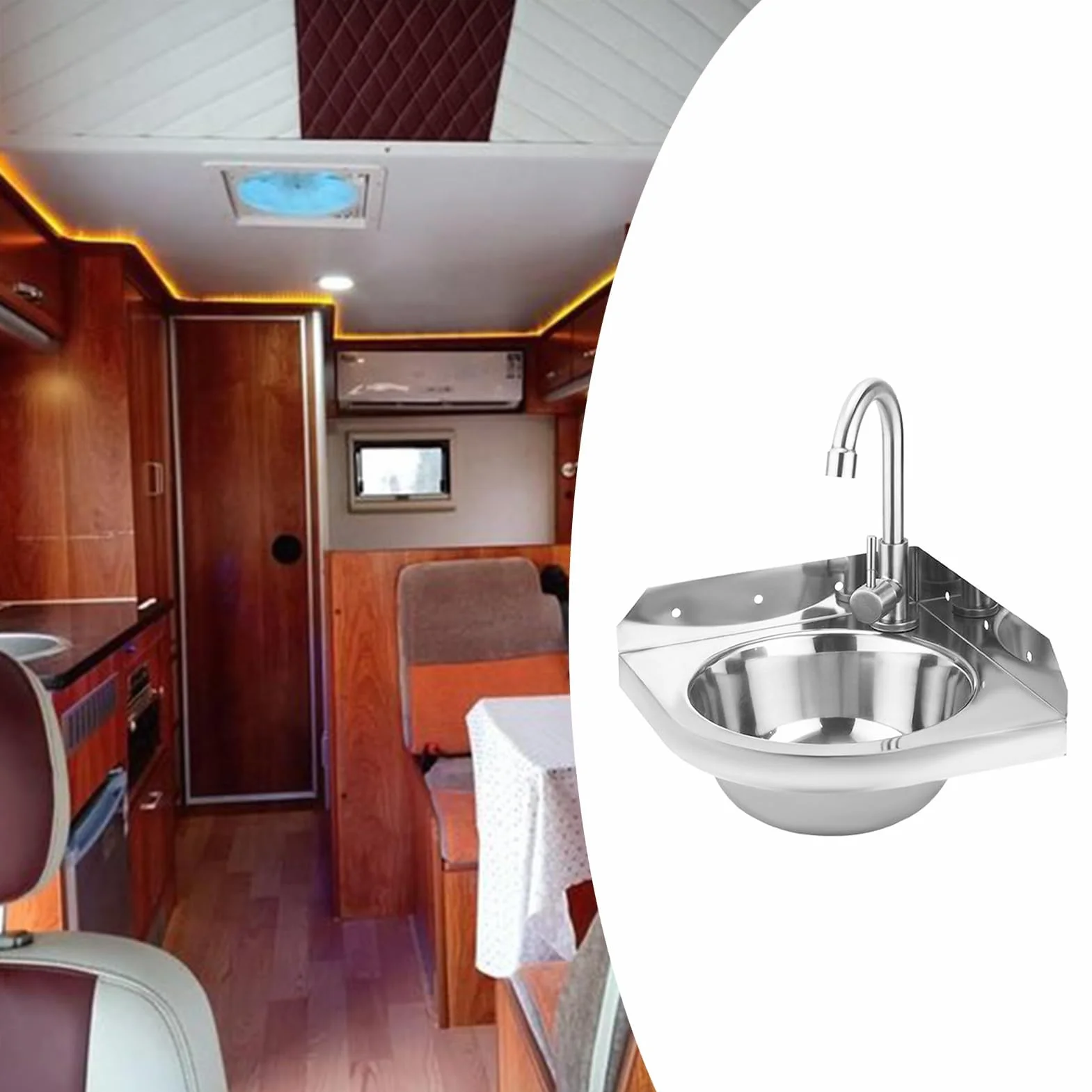 Lavabo Angolare in Acciaio Inox, Triangolare, A Parete, 26x26 cm, Per Bagno, Wc, Garage, Camping-Car, Barca