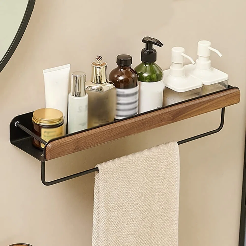 Mensola per Doccia, Mensola da Bagno in Noce, Mensola Organizer, Mensole Sospese, Mensola Rettangolare a Parete, Multifunzionale, Bagni, Cucine, Camera da Letto, con Portasciugamani, Portaogg